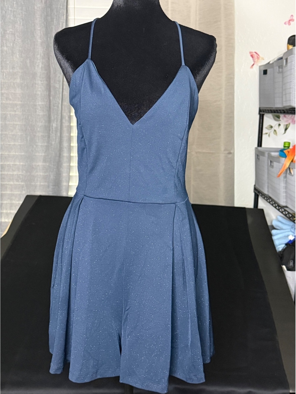 Blue Sleeveless Lace Back Romper with V-Neck - Picture 3 of 8